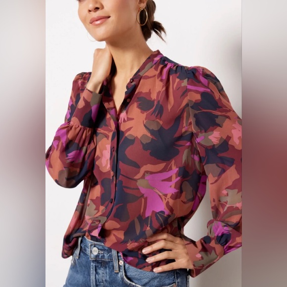 Evereve Tops - EVEREVE - Colorful Floral Button Down Long Sleeve Lightweight Mesh Blouse SZ SM